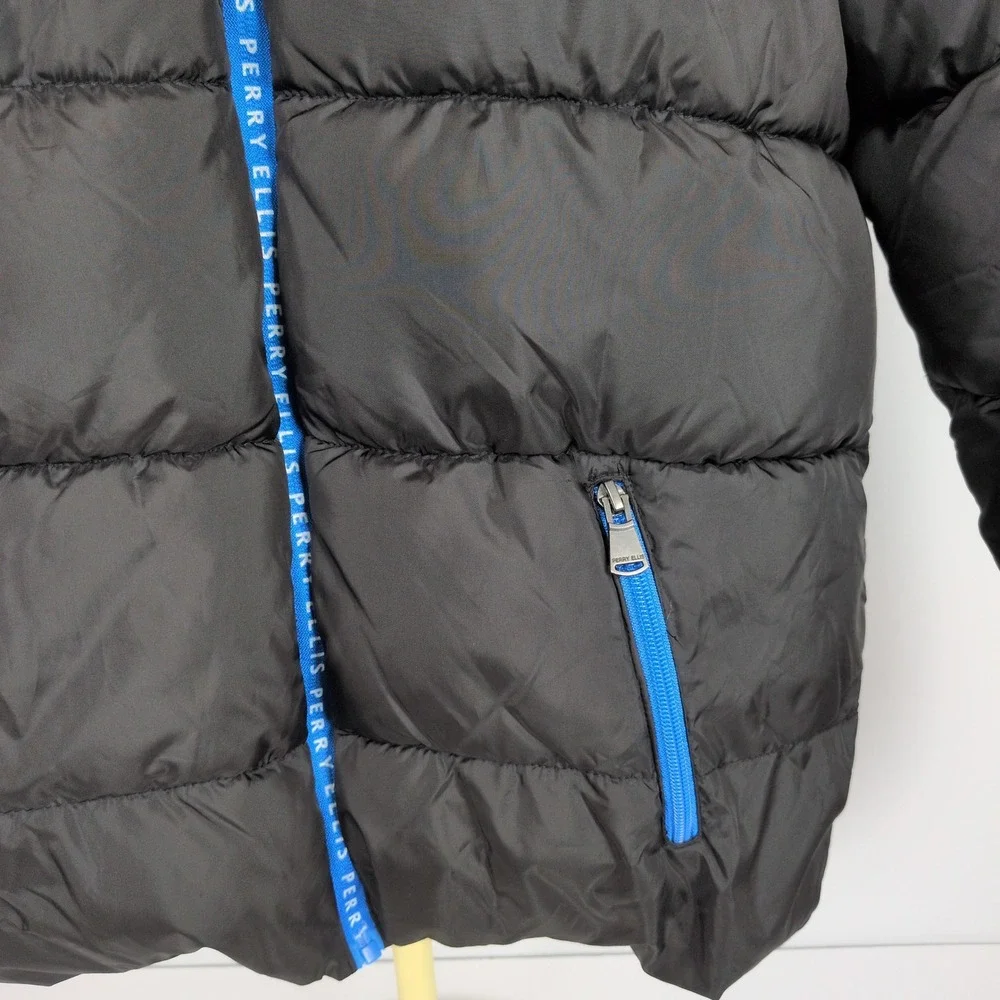 Perry Ellis Boy 14/16 Puffer Jacket Black Blue Fleece Lined Hooded Winter Coat